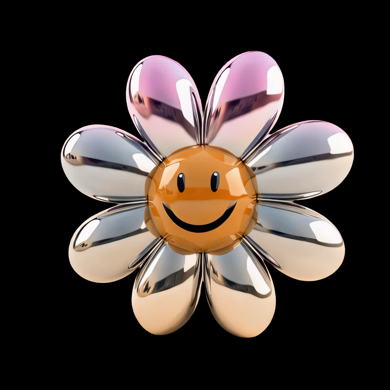 Reflective flower smiley animation isolated asset, transparent 4K video, alpha channel, ProRes 4444