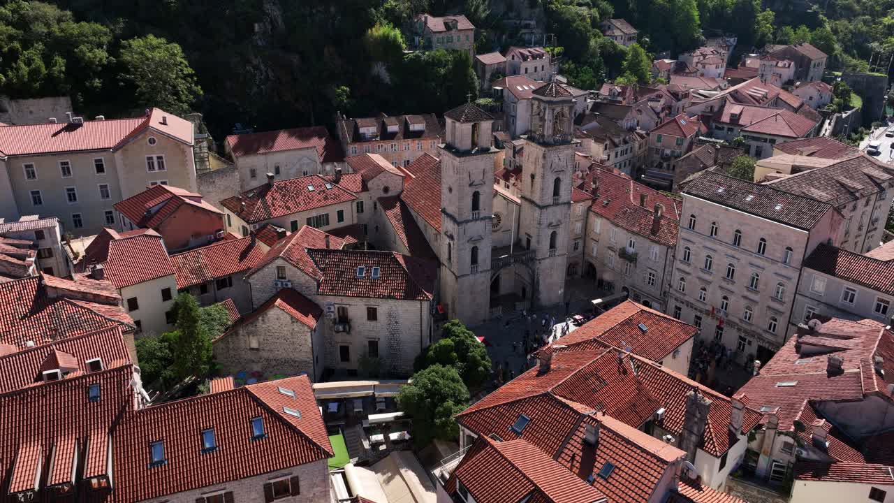 Establishing Aerial fly old city of Kotor, Montenegro, historical travel landmarks