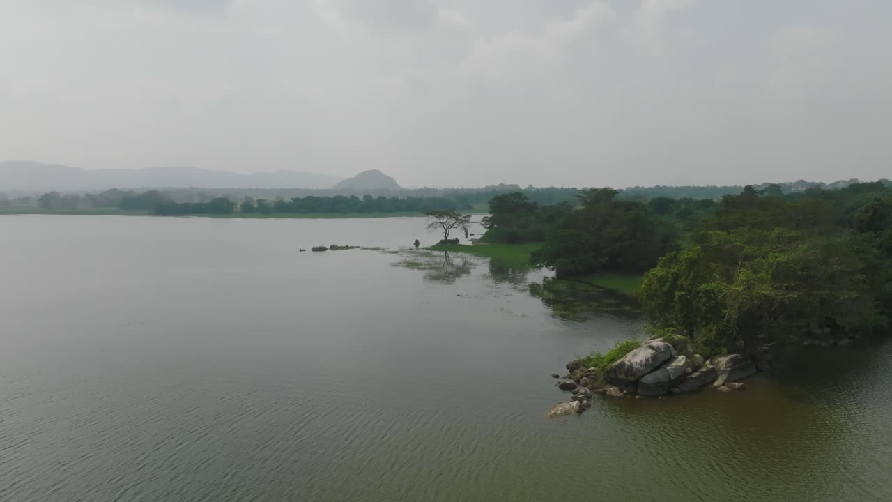 An aerial view showcasing the peaceful lakeside greenery of Sri Lanka, with calm waters and lush forested shores