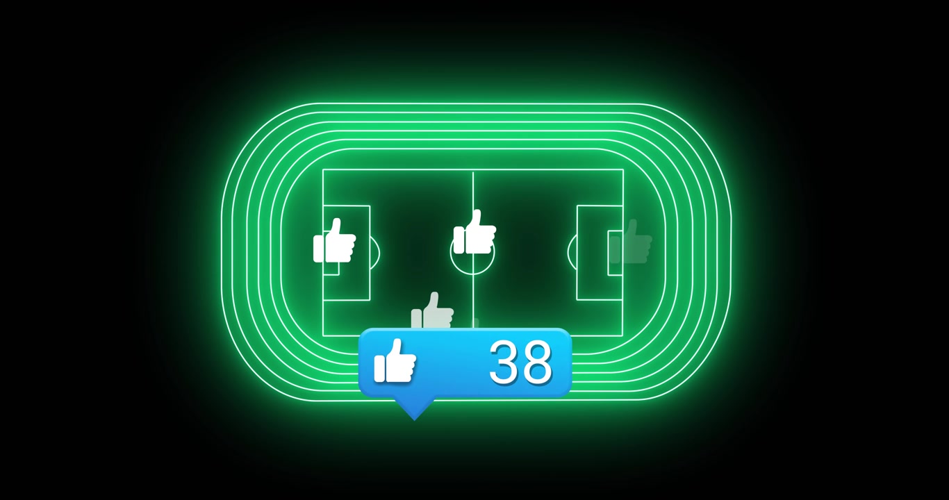 Efter sort skærm danner neongrønne linjer en fodboldbane, mens en blå tæller popper op og tæller likes