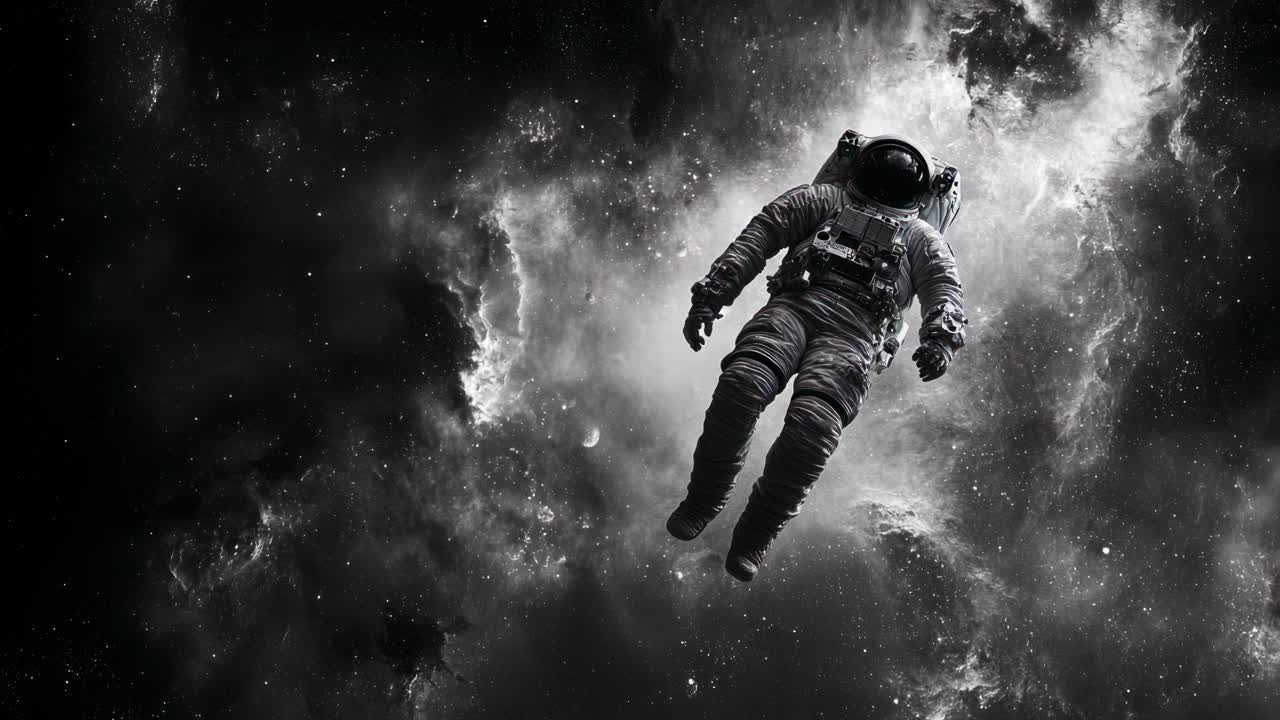 A dramatic, low-angle video shot of an astronaut floating in space, surrounded by a vast, starry