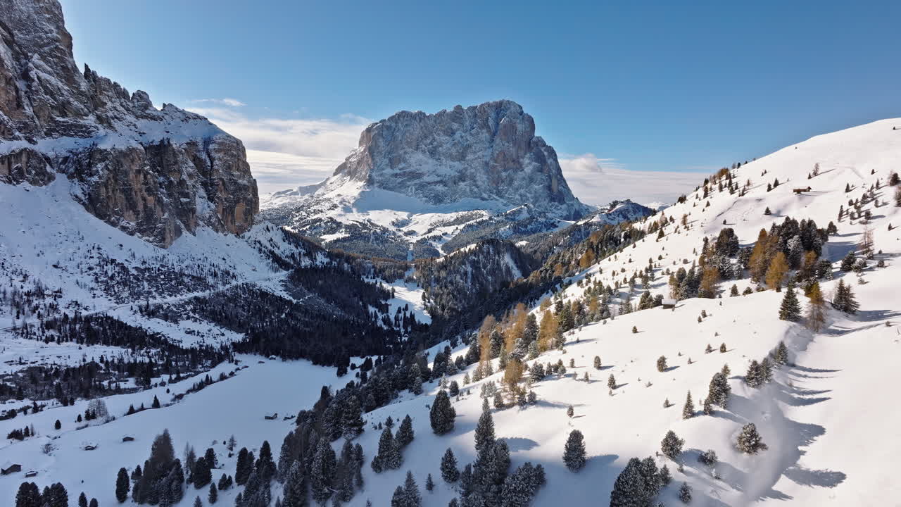 Aerial drone view of the Gardena Pass high mountain pass in the Dolomites, Italy