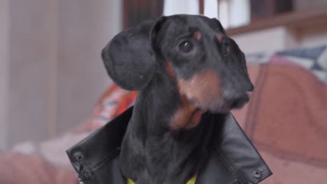 portrait of lovely dachshund dog in a leather jacket, who licks its muzzle and sits on the sofa looking down, afraid to go down. pet has noticed something interesting and is watching it.