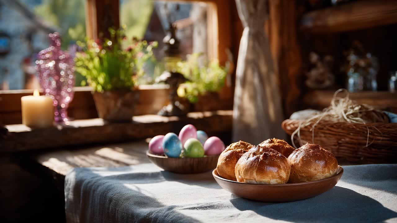 Festive Table Setting with Colorful Easter Eggs and Freshly Baked Breads in a Cozy Rustic Setting Filled with Natural Light and Charming Decor Elements