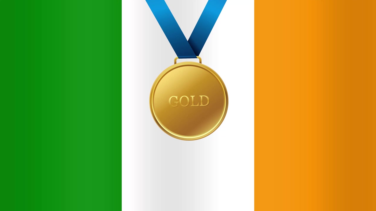 A gold medal with blue ribbon drops over a waving Irish tricolor flag background loop.