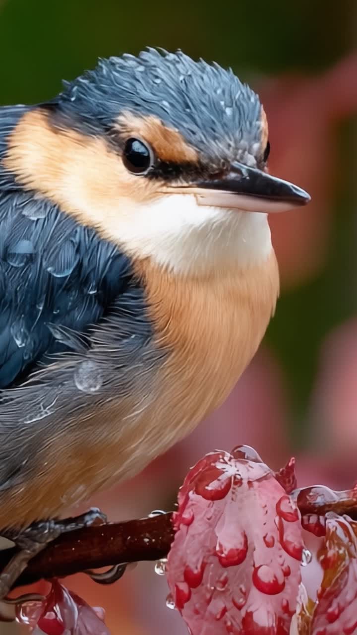 A Close-Up View of a Beautiful Wet Bird Perched on a Branch with Raindrops on Vibrant Leaves, Capturing the Essence of Nature's Beauty in a Moment of Calm