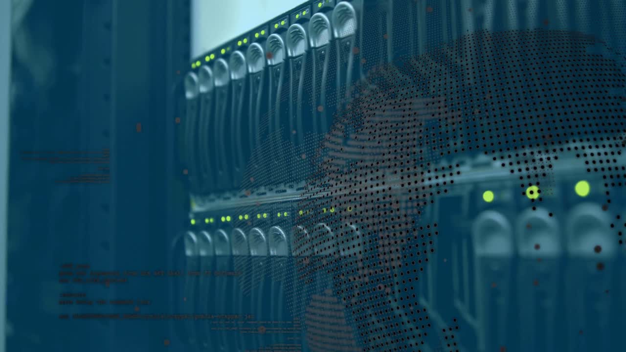 Data processing over spinning globe against close up of a computer server
