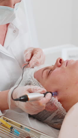 cosmetologist doing peeling procedure, woman skin regeneration, dermapen microneedling, dermastamp