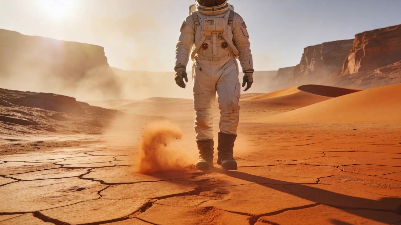 En astronaut i romdrakt går fremover over en rød ørken, kameraet beveger seg nærmere, støvlene sparker opp rødt støv.