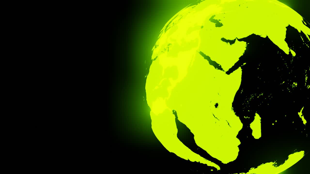 Green holographic globe on black text space.