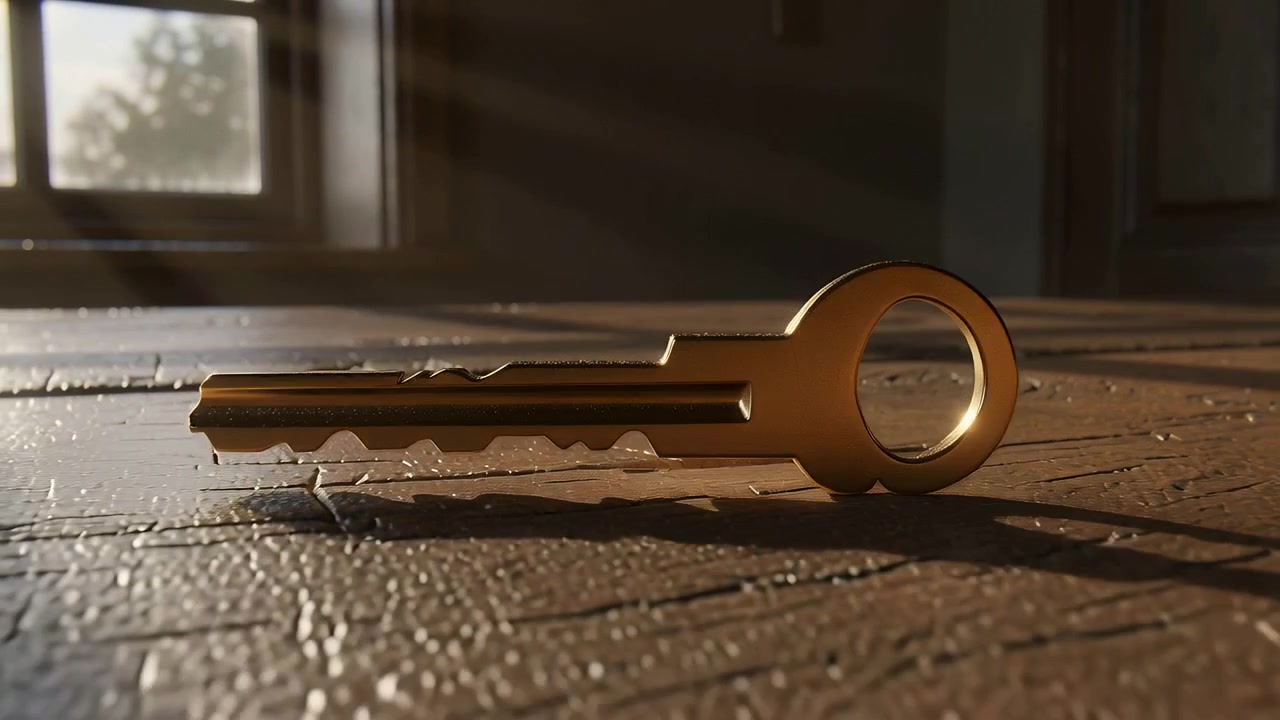 Chiave in ottone inclinata che cade e rotola su un tavolo di legno, con i raggi del sole che si spostano illuminandola