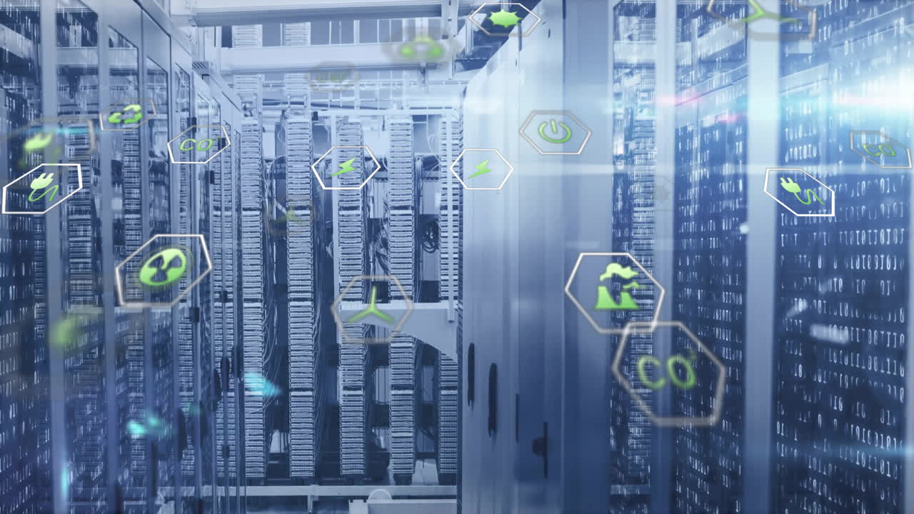 animación de iconos ecológicos y procesamiento de datos digitales a través de servidores informáticos