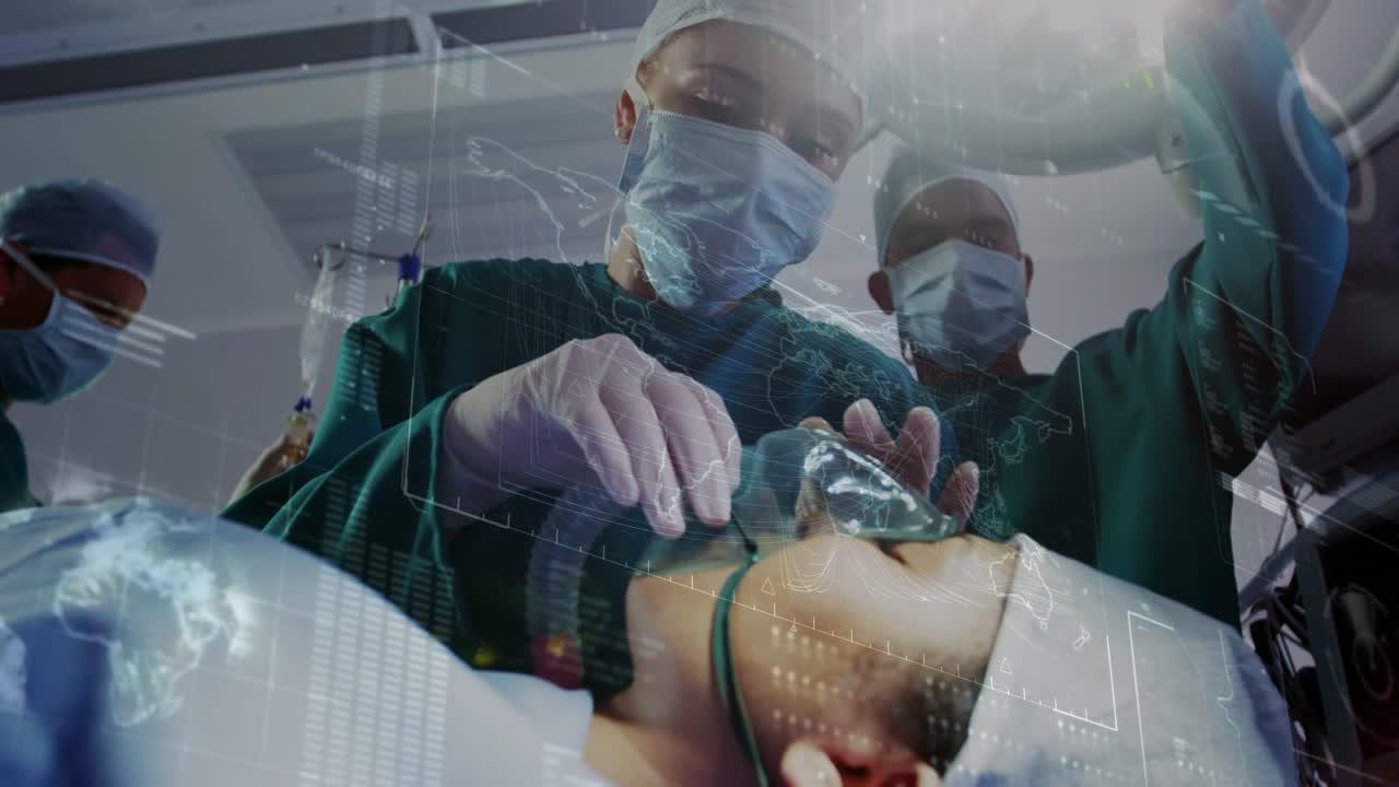 Animazione dell'elaborazione dati su diversi chirurghi durante un intervento chirurgico