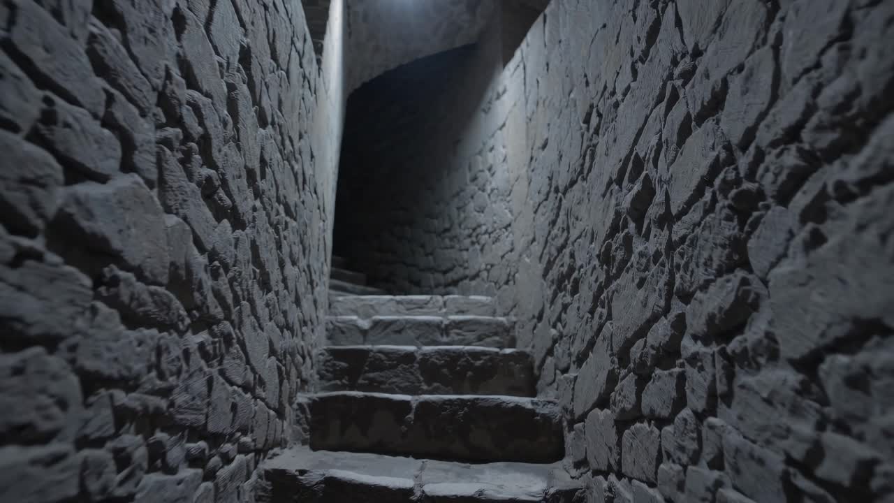 Low-angle video shot of a narrow, dimly lit stone staircase, creating a mysterious and eerie