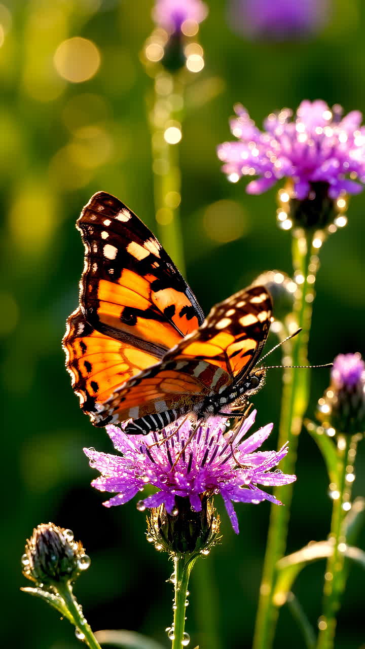 Farfalla monarca arancione su un fiore selvatico viola. Rugiada mattutina all'ora d'oro, bokeh scintillante e ali vibranti.