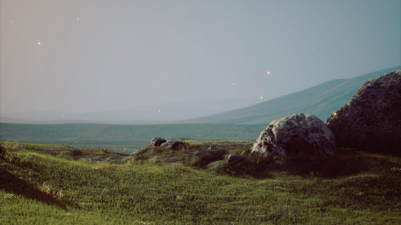 Vast serene landscape with rocky outcrops under a twilight sky