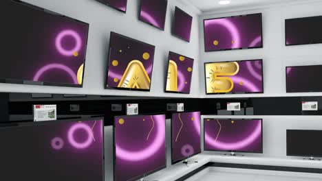 Animation-of-gold-text-sale-and-pink-neon-circles-across-multiple-flat-screen-tvs-in-shop-display