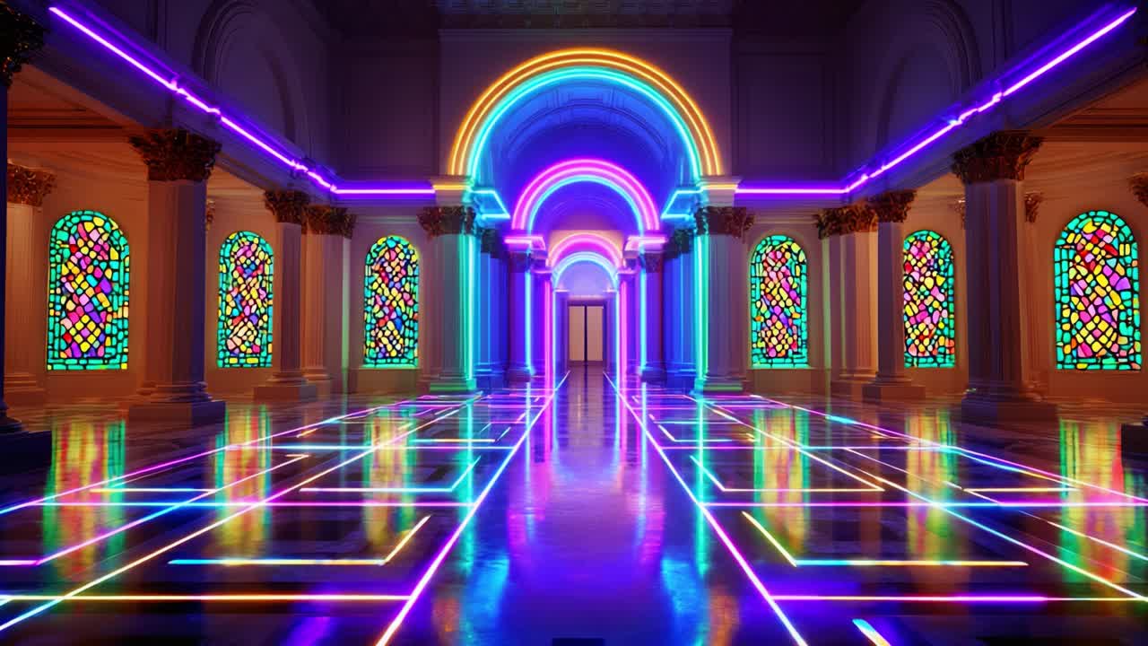 A vibrant, neon-lit hall showcasing colorful stained glass windows and futuristic glowing pathways, creating a mesmerizing visual environment filled with dynamic illumination and artistic details