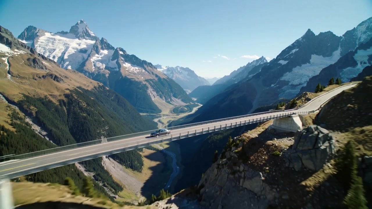 Una berlina a 4 porte color argento che attraversa un ponte su un passo alpino, con la telecamera che si allontana, spazio per il testo.