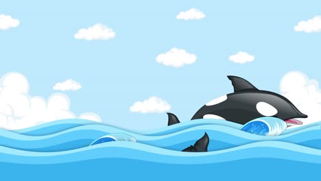 animated orcas jumping and diving in rhythmic sequence.