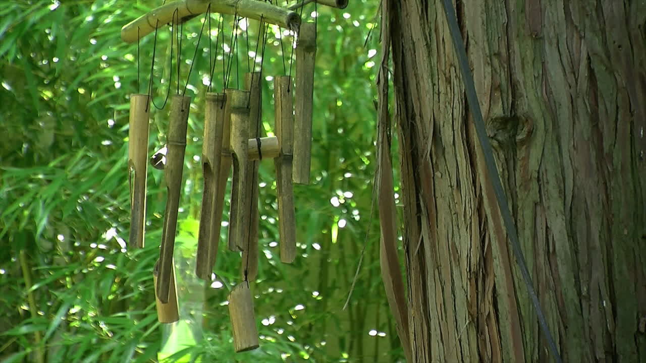 대나무 바람 종소리가 히노키 나무에 매달려 있습니다.