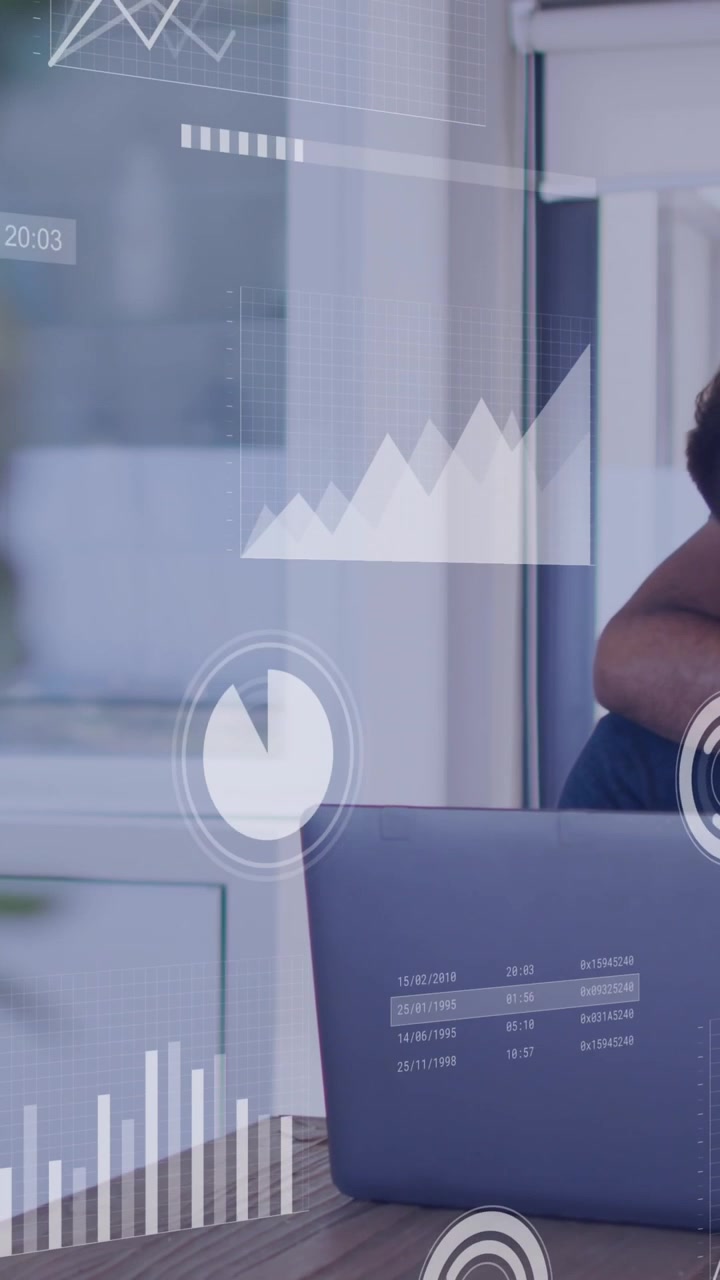 Animation of financial data processing over diverse male couple using laptop