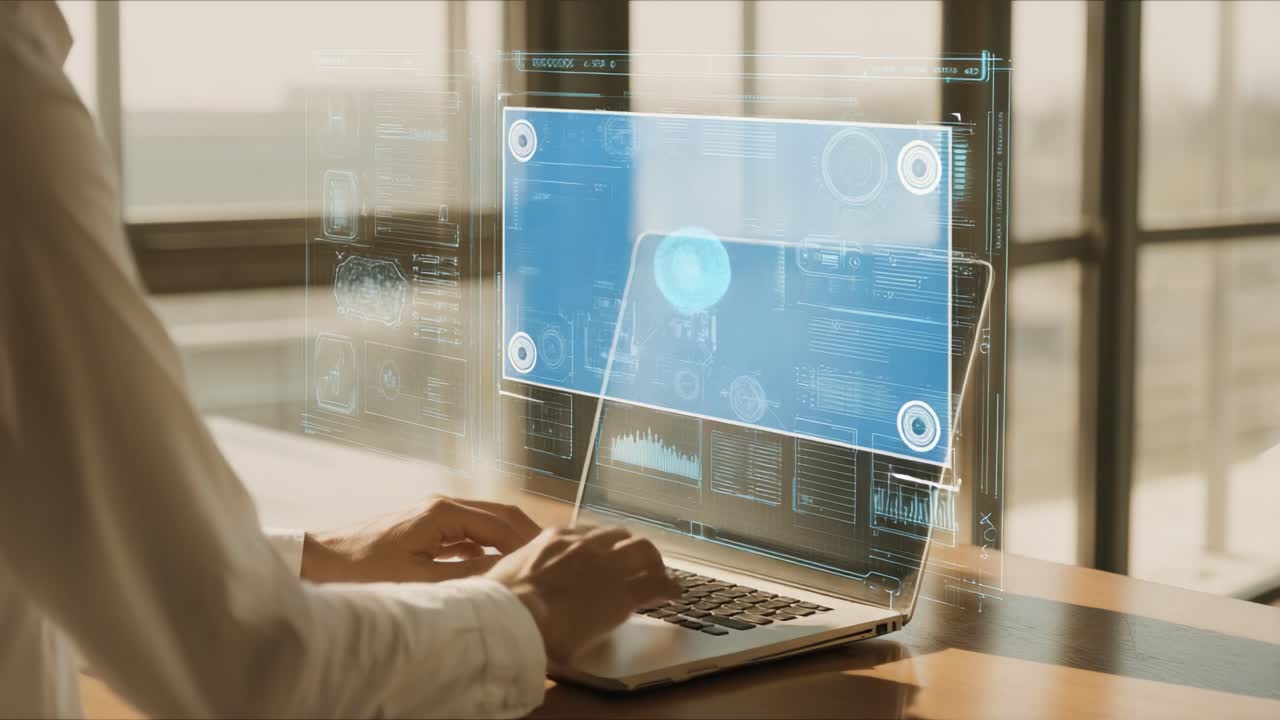 An Innovative Interface: A User Interacting with a Futuristic Laptop Displaying Transparent Data Visualizations and Interactive Graphs in a Modern Work Environment