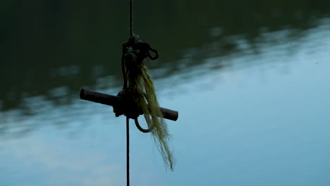 A-home-swing-made-of-rope-and-wood-hanging-from-a-tree-moves-in-the-wind-in-the-background-with-a-good-level-of-the-dam