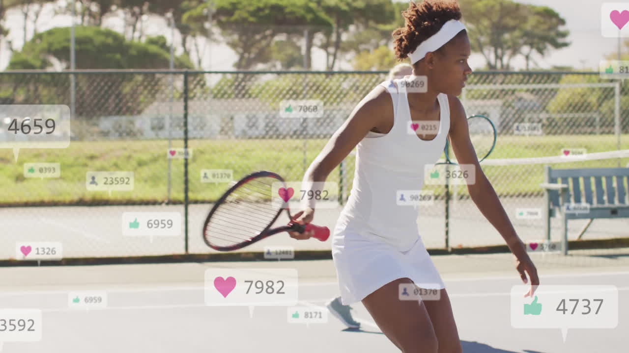female tennis players playing match on court, with floating social media icons for sports marketing