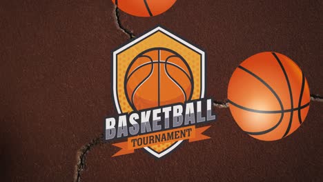 animación de balones de baloncesto rebotando sobre el cartel del torneo en un fondo marrón agrietado