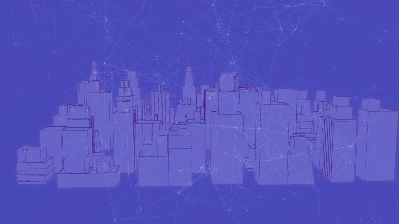 파란색 배경에 디지털 도시에 대한 연결 네트워크의 애니메이션