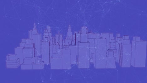 Animation-of-network-of-connections-over-digital-city-on-blue-background