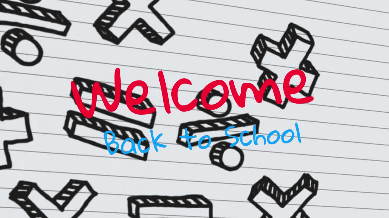 학교로 돌아오신 것을 환영합니다.  ⁇ 색 선으로 된 종이에 수학적 기호를 대비한 텍스트