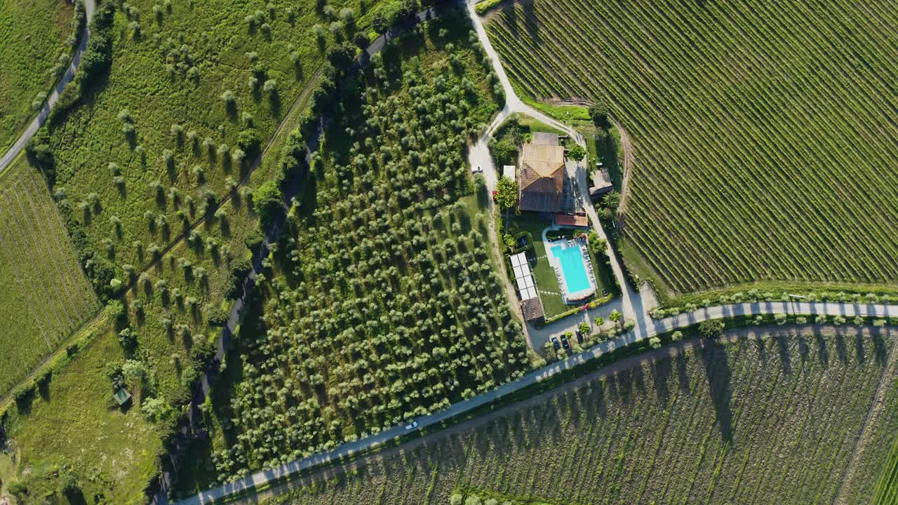 Aerial Top View Of Old Villa House And Vineyard, Tuscany, Italy