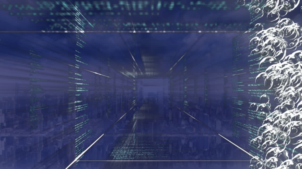 Animation of data processing and bubbles over cityscape