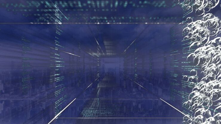 Animation of data processing and bubbles over cityscape