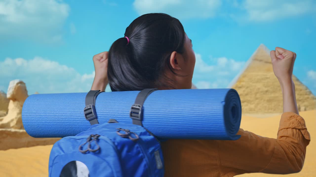 Close Up Back View Of A Female Hiker With Mountaineering Backpack Screaming Goal Celebrating The Success While Traveling In Pyramid Of Giza