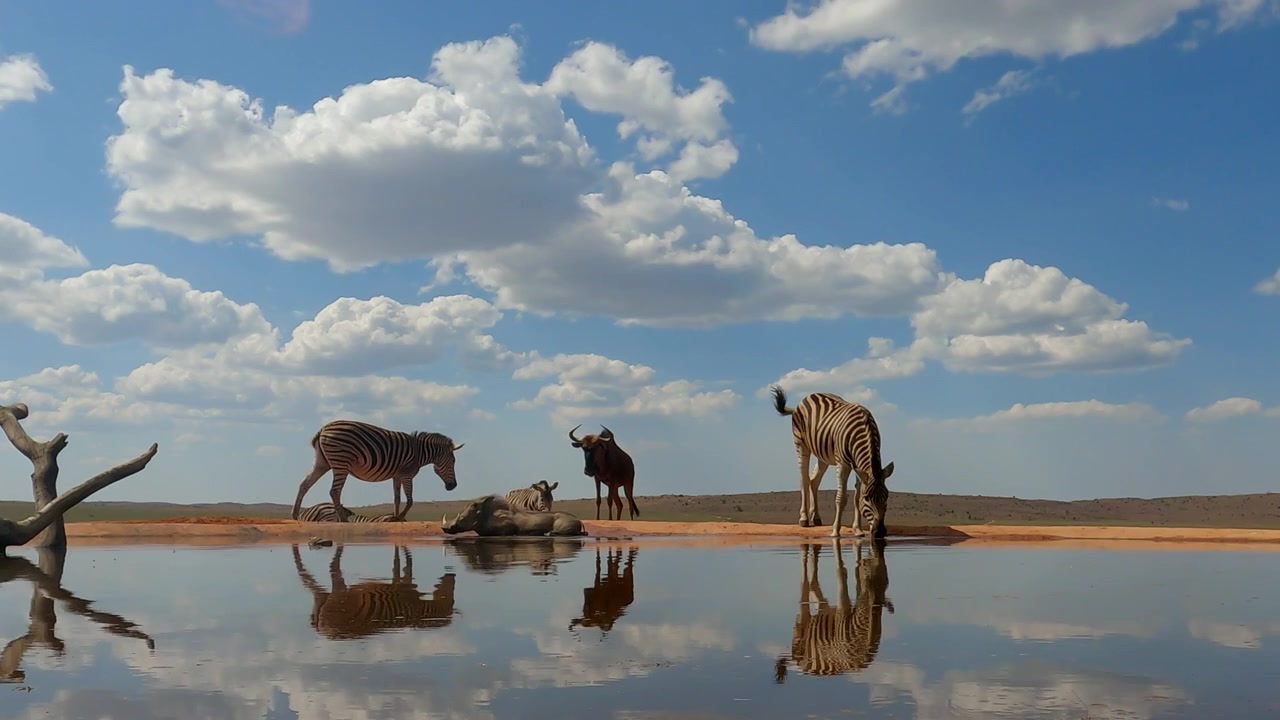 Vista ao nível do solo, zebra e javali bebem em um bebedouro na África selvagem