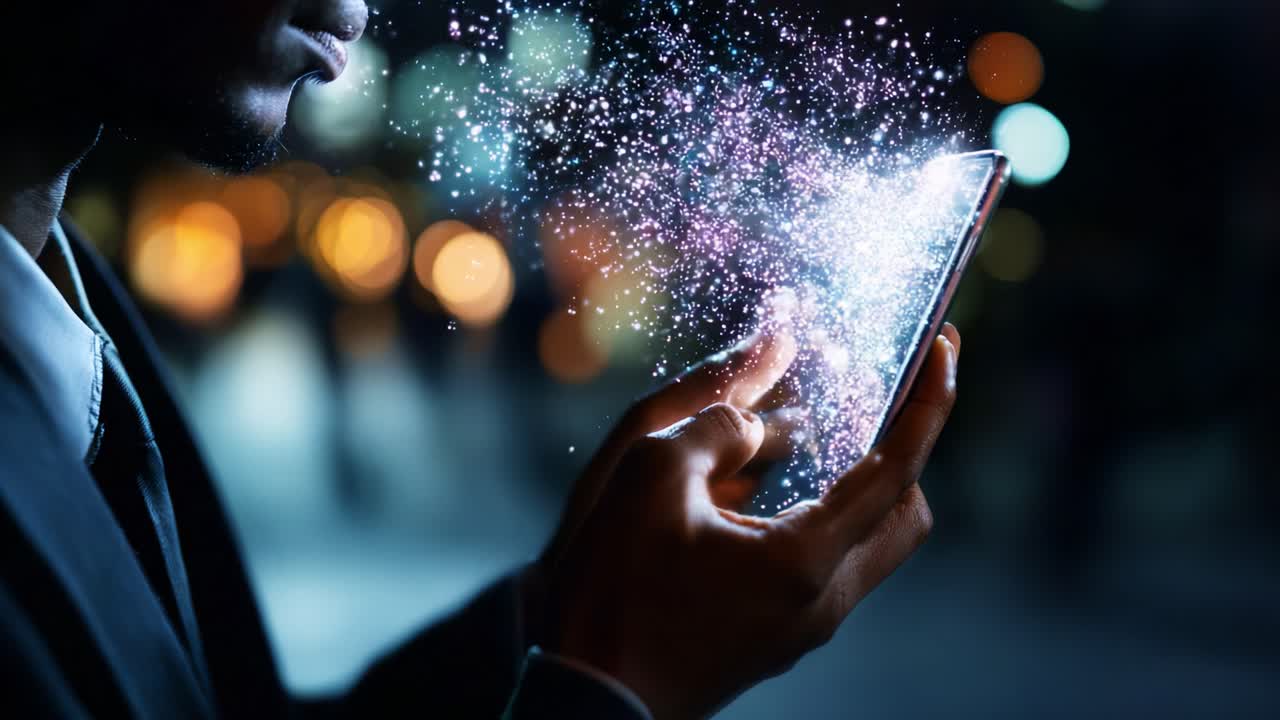 A Thought-Provoking Moment: An Individual Enveloped in a Mesmerizing Display of Digital Sparkles Emitting from Their Smartphone in a Nighttime Urban Setting