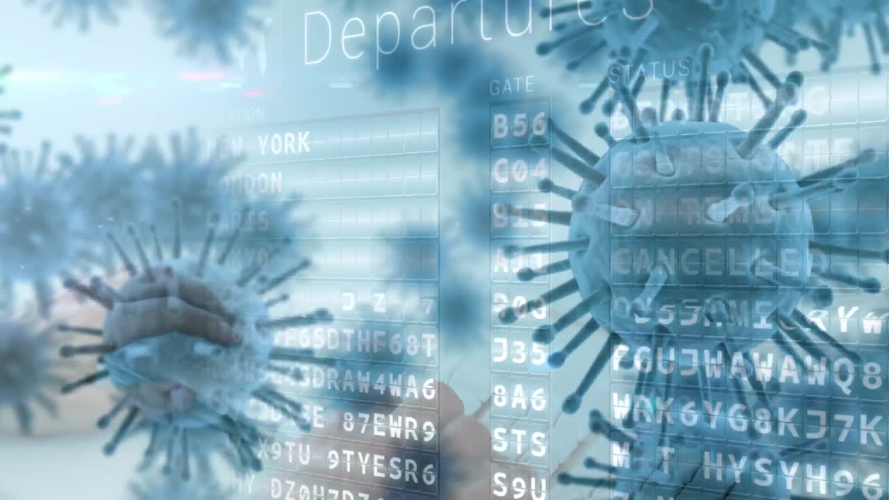 목적지와 함께 출발 보드에 퍼지는 거대 코로나바이러스 코로나19 세포의 애니메이션