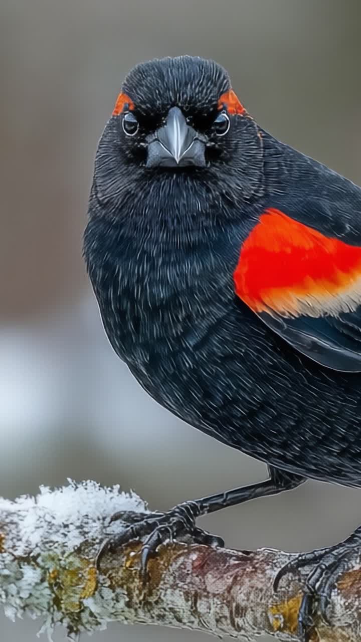 Uno splendido primo piano di un merlo dai colori vivaci con un piumaggio distintivo arancione e nero, appollaiato con grazia su un ramo ghiacciato su uno sfondo sfocato.