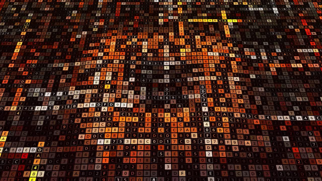 Background of a grid of square small elements with numbers dynamically replacing each other. Animation. Waving information background, seamless loop