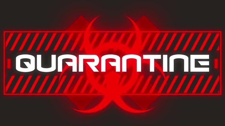 Animazione di testo quarantena su segnale di allerta su sfondo nero