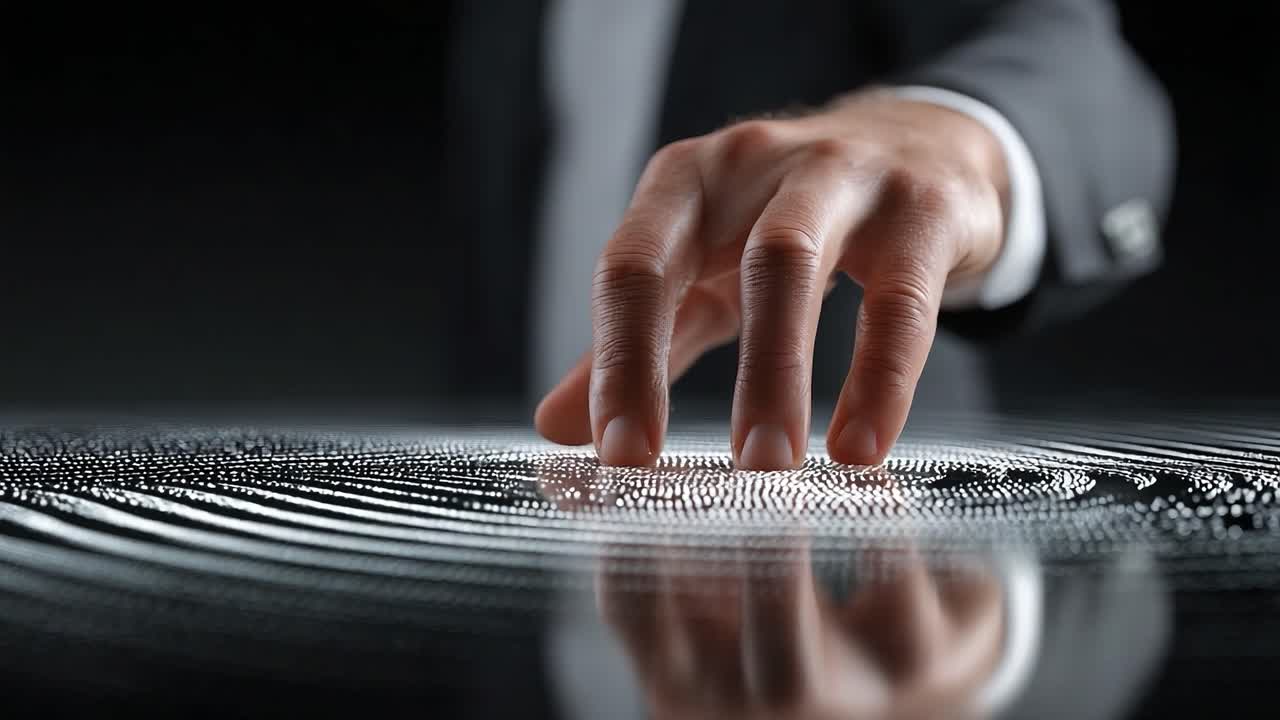 An Elegant Hand Interacts With Dynamic Patterns on a Reflective Surface, Showcasing Precision and Artistic Expression in a Modern Context