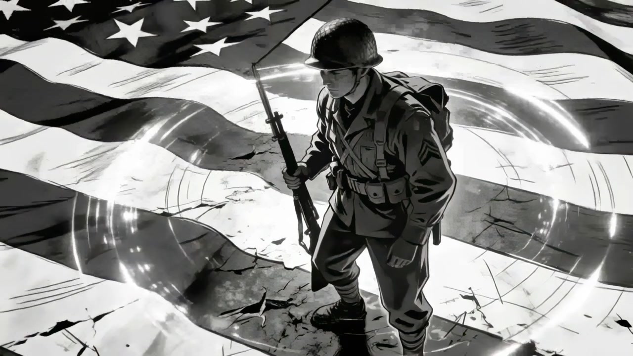 Standing helmeted soldier with rifle on cracked ground US flag ring drawing camera highlighting him