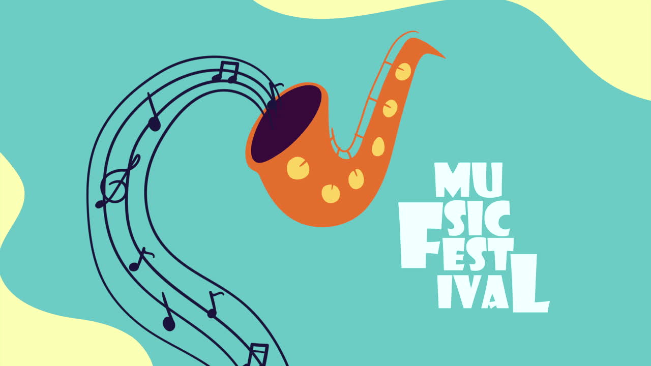 색소폰 애니메이션과 함께 음악 축제 글자