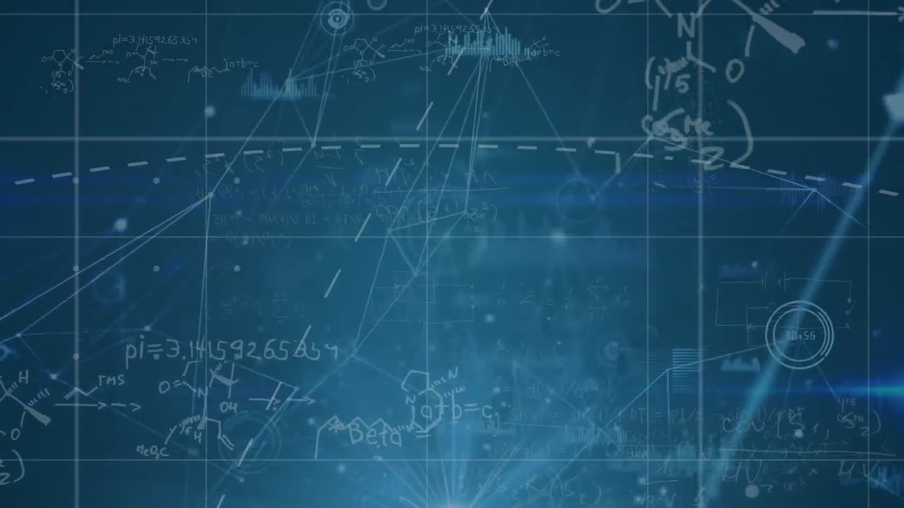animación de ecuaciones matemáticas y procesamiento de datos sobre un fondo negro
