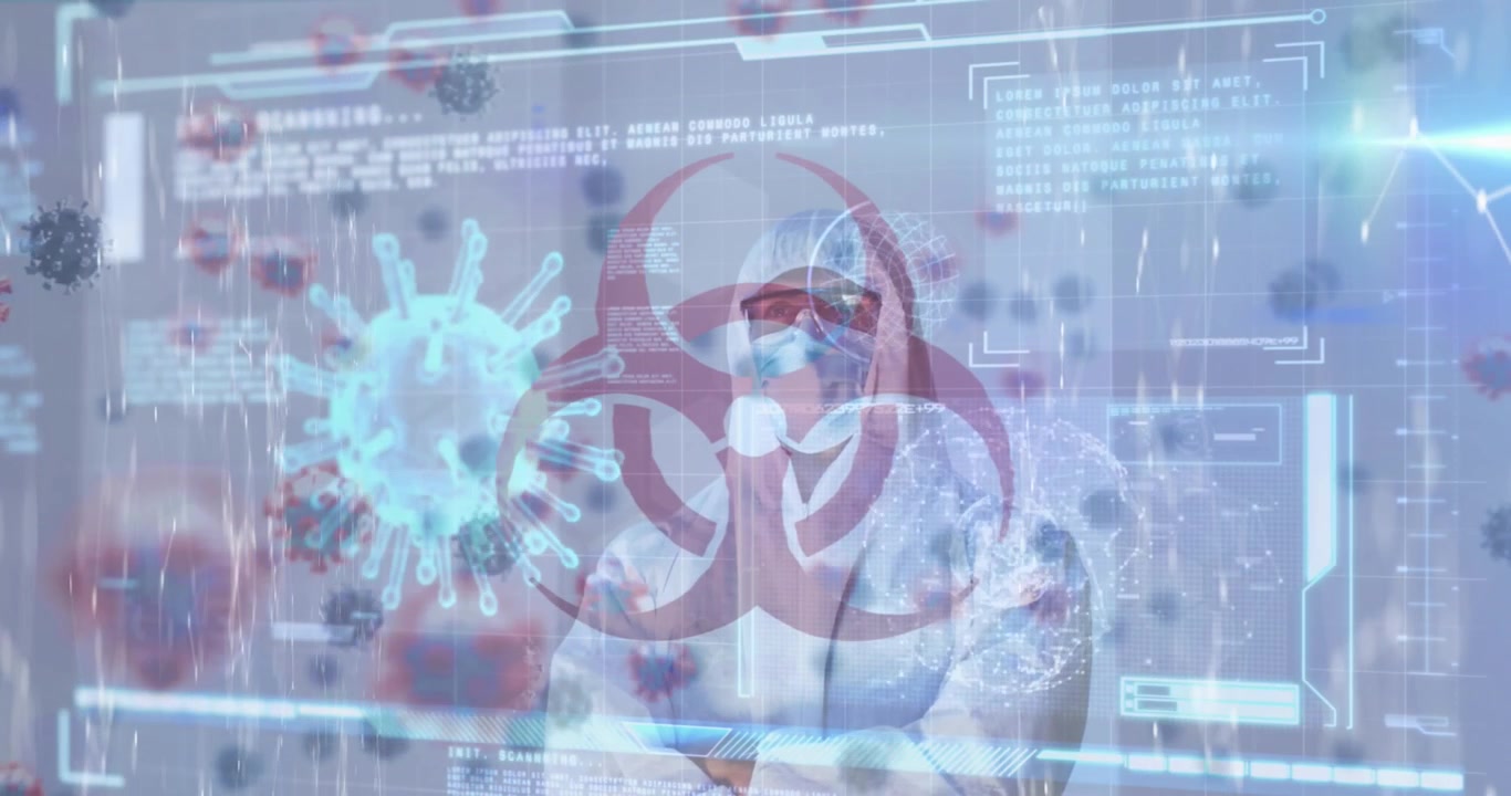 Animation of infected cells, explosive material hazard sign and data man wearing safety wear