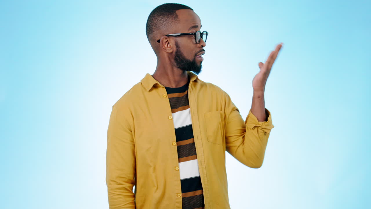 Face, happy man and advertising space in studio