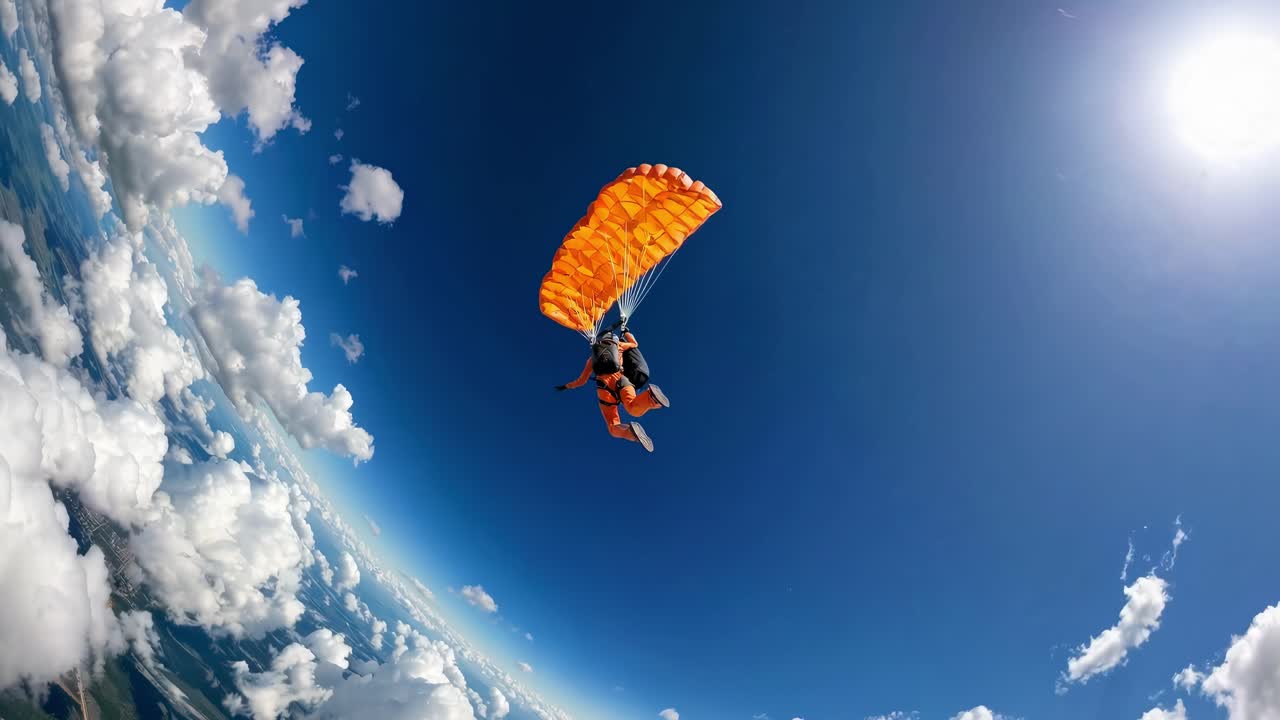Aerial video captures a skydiver with an orange parachute against a vast blue sky and clouds, shot
